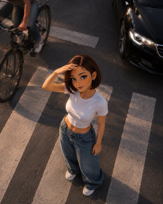 AI-generated illustration of an animated young woman with brown hair in a white crop top and baggy jeans standing on a crosswalk, with a cyclist and a black car in the background.