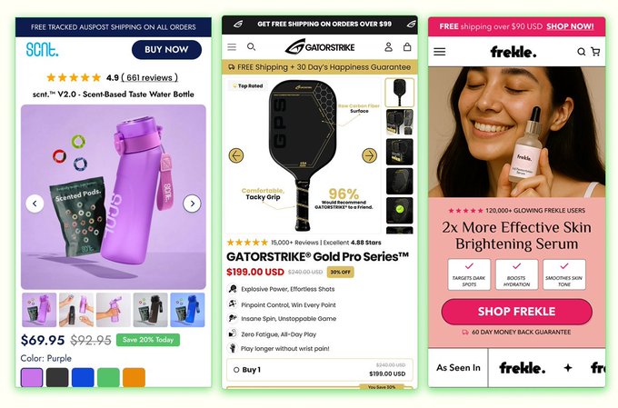 Three e-commerce product listing screenshots displayed side-by-side: a purple "Scnt." water bottle, a black "GATORSTRIKE Gold Pro Series" pickleball paddle, and a pink "frekle." skin brightening serum.
