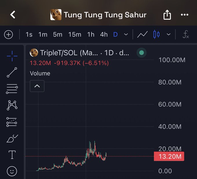 A trading chart for 'TripleT/SOL' under the name 'Tung Tung Tung Sahurr' showing volume at 13.20M with a -6.51% decline.