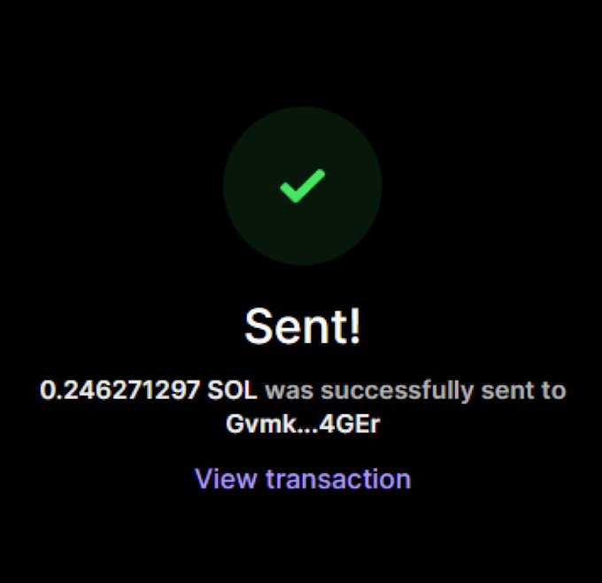 A cryptocurrency transaction confirmation screen on a black background displaying a green checkmark and 'Sent!' confirming that 0.246271297 SOL was successfully sent to the address Gvmk...4GEr, with a 'View transaction' link below.