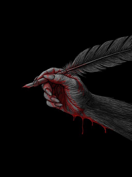 A dark, stylized illustration of a skeletal, clawed hand covered in dripping red blood gripping a black feather quill against a black background.