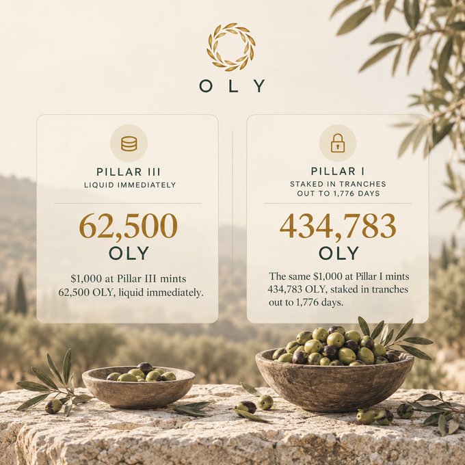A promotional graphic for OLY cryptocurrency compares Pillar III (liquid immediately, 62,500 OLY per $1,000) with Pillar I (staked, 434,783 OLY per $1,000), shown above bowls of olives.