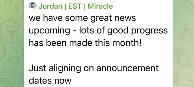 A chat message from "Jordan | EST | Miracle" reads: "we have some great news upcoming - lots of good progress has been made this month! Just aligning on announcement dates now," teasing an upcoming announcement from Miracle, which the accompanying post suggests will lead to positive news ahead of TGE.