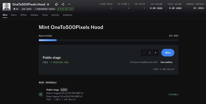 A webpage screenshot shows the minting page for "OneTo500Pixels Hood" with 64/500 items minted and a free public minting stage currently active.
