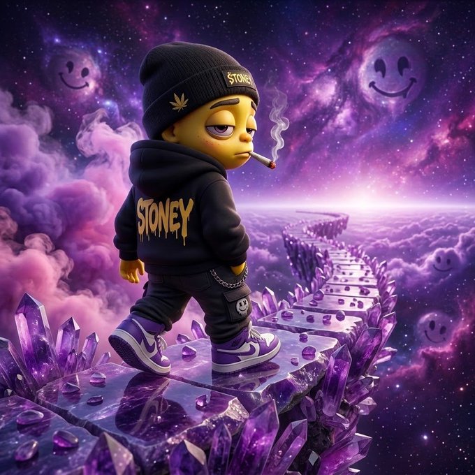 A stylized 3D digital art image of a cartoon character wearing a black 'STONEY' hoodie and beanie, smoking a joint while walking on a purple crystalline path through clouds under a starry purple sky with smiley-faced planets.