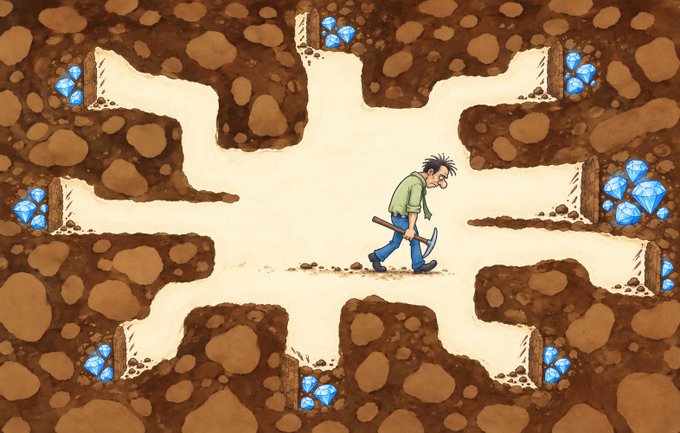 A cartoon miner with a pickaxe walks through a central tunnel of a cross-shaped cave system, with blue gems visible in side passages.