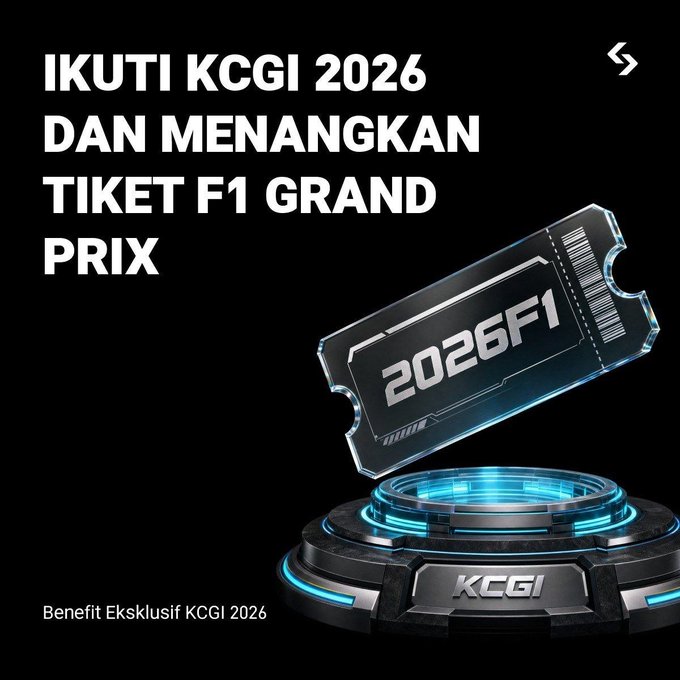 Promotional graphic for Bitget's KCGI 2026 trading competition, featuring a futuristic ticket labeled "2026F1" emerging from a high-tech pedestal marked "KCGI," with Indonesian text announcing the chance to win F1 Grand Prix tickets ("IKUTI KCGI 2026 DAN MENANGKAN TIKET F1 GRAND PRIX") and exclusive benefits ("Benefit Eksklusif KCGI 2026").