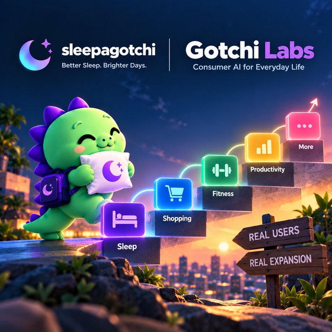 A promotional graphic for 'sleepagotchi' by 'Gotchi Labs' (Consumer AI for Everyday Life) featuring a green dinosaur mascot holding a moon pillow, with icons for Sleep, Shopping, Fitness, Productivity, and More, alongside signposts reading 'REAL USERS' and 'REAL EXPANSION'.