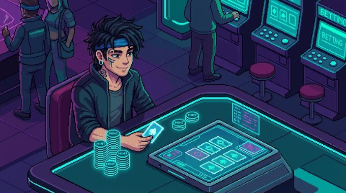 An illustration depicts a man at a cyberpunk-style gambling table with 'BETTING' machines and glowing poker chips.