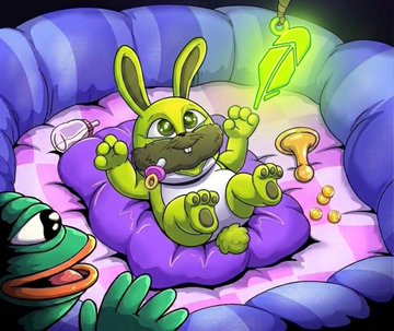 A digital illustration of a green cartoon rabbit-like character holding a glowing yellow spear while sitting on a purple cushion in a dark cave.