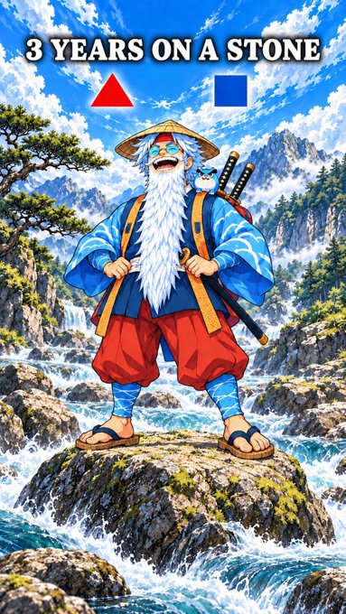 An animated elderly man with a long white beard standing on a rock, with text reading '3 YEARS ON A STONE' above a red triangle and blue square.