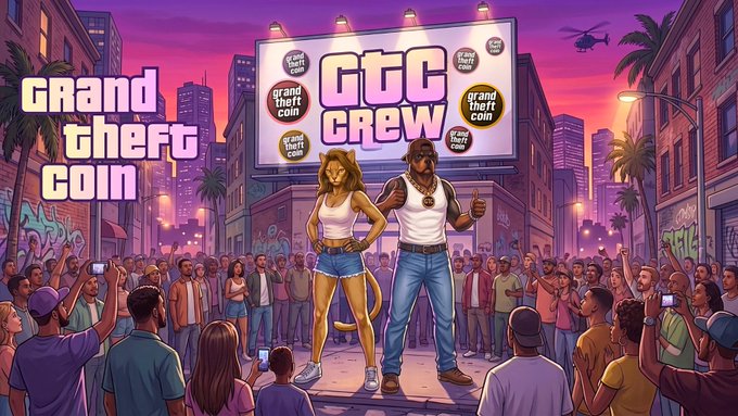 A vibrant cartoon-style promotional image titled 'GTC CREW' parodying Grand Theft Auto, showing two characters on a billboard surrounded by a crowd taking photos in a neon-lit city.