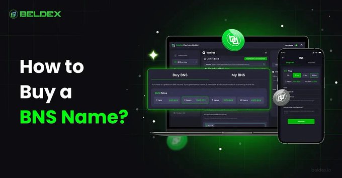 A promotional graphic for BELDEX titled 'How to Buy a BNS Name?' showing a laptop and mobile phone displaying the BNS wallet interface and name purchase options.