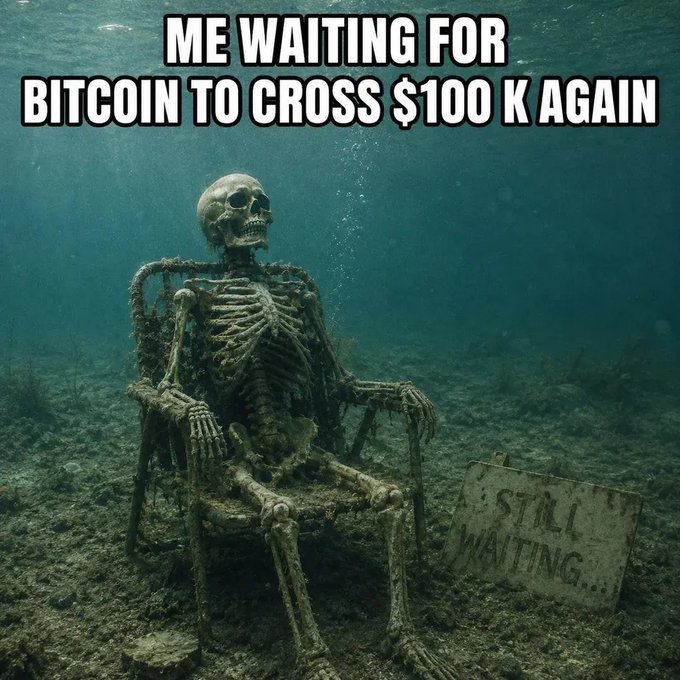 A meme image showing a skeleton sitting underwater in a chair next to a 'STILL WAITING...' sign, with the caption 'ME WAITING FOR BITCOIN TO CROSS $100 K AGAIN'.