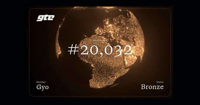 A dark graphic displaying 'gme' logo, '#20,032', member 'Gyo', and 'Bronze' status over a glowing golden globe.