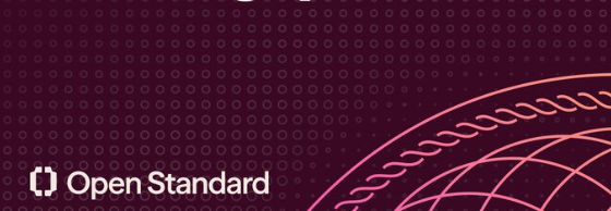 A dark-themed graphic featuring 'Open Standard' logo text with a stylized pink/orange globe or spherical design on the right side.