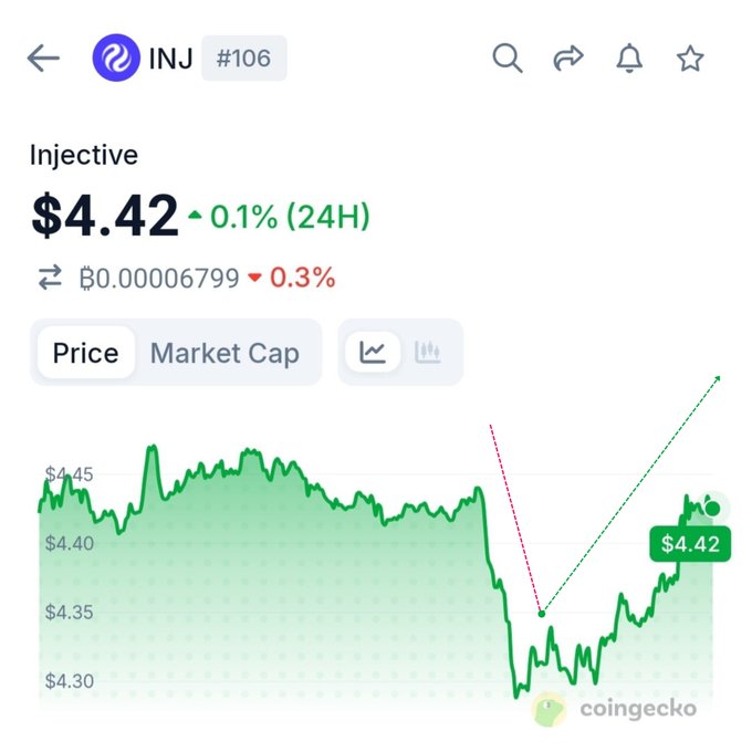 A CoinGecko price chart for the cryptocurrency token 'INJ' (Injective) showing a current price of $4.42, up 0.1% over 24 hours, with a green price line graph.