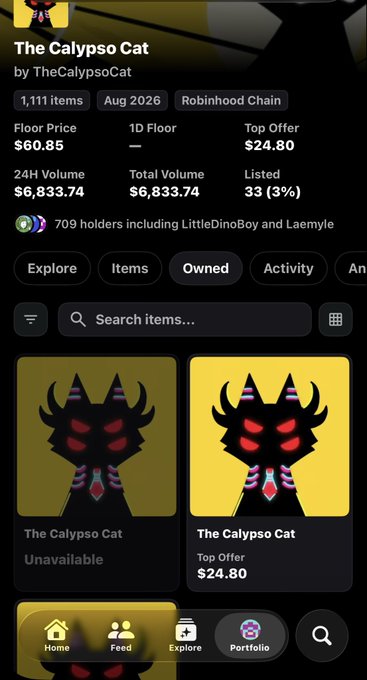 A mobile app screen showing details for 'The Calypso Cat' by TheCalypsoCat on the Robinhood Chain, with a floor price of $60.85, 1,111 items, and 709 holders.
