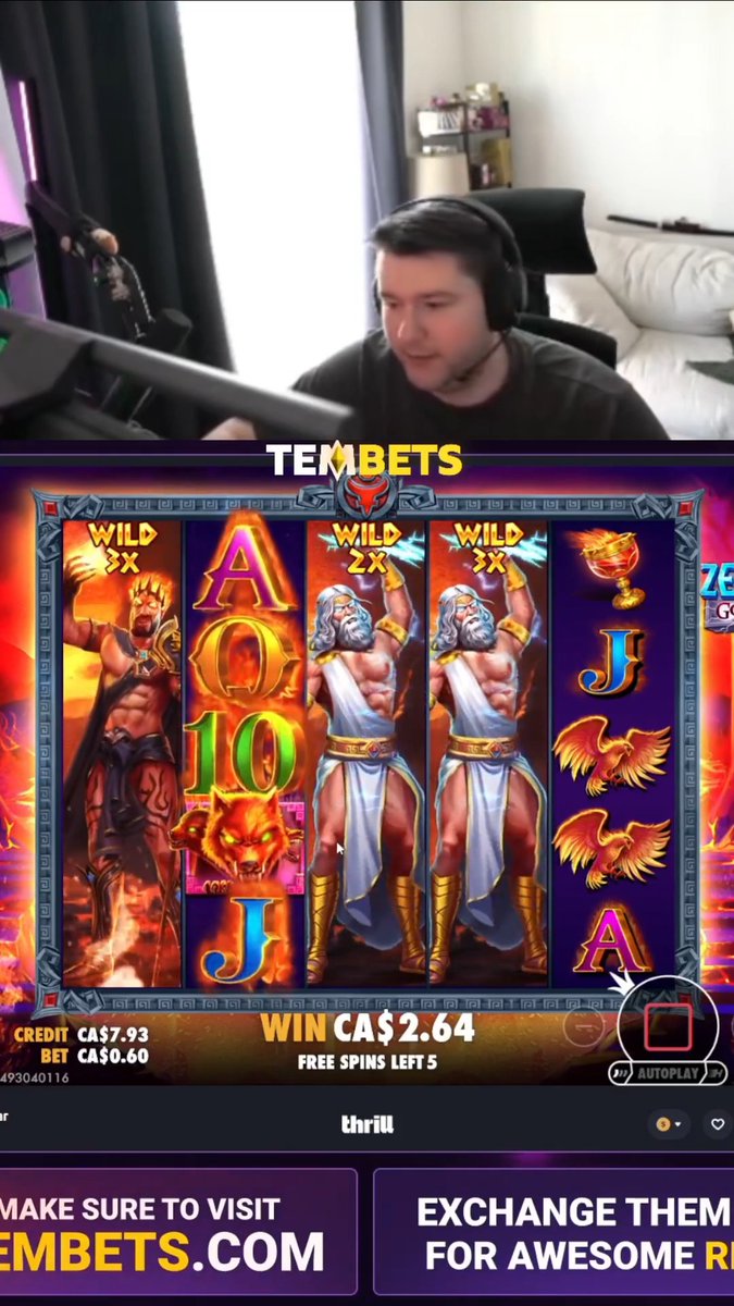 A split-screen showing a streamer wearing headphones above a slot machine game interface branded 'TEMBETS' showing a 'WIN CA$2.64' with '5 FREE SPINS LEFT'.