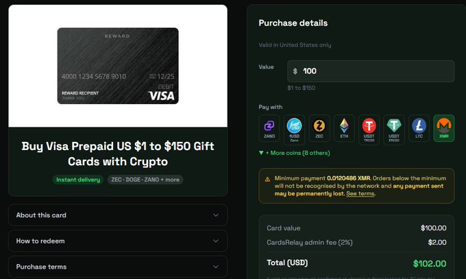 A screenshot of a service for buying Visa prepaid US $1 to $150 gift cards with cryptocurrency, showing payment options including ZANO, DAI, ZBD, ETH, USDT, LTC, XMR, with a 2% CardsRelay admin fee and a $102 total displayed.