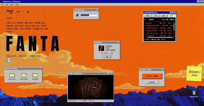 A pixel-art style computer screen displaying the 'FANTA' fantasy game interface with an orange sky background, showing menus for collecting, building, and competing, along with a leaderboard and 'SEASON 1 2026' sticky note.