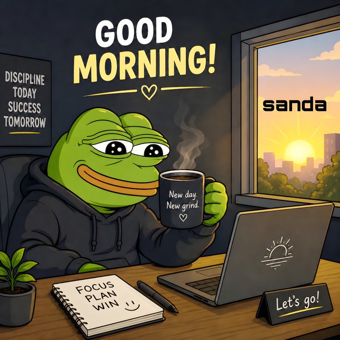 Motivational Pepe the Frog illustration with "GOOD MORNING!" text, showing the frog holding a "New day. New grind." coffee mug beside a laptop, with a poster reading "DISCIPLINE TODAY SUCCESS TOMORROW" and a notebook labeled "FOCUS PLAN WIN".