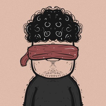 A cartoon character with curly black hair and a red blindfold covering his eyes, visually echoing the post's bold claim of being "first" pioneers in the Solana NFT space—suggesting they are leading blindly into uncharted territory with confidence. No text or numbers are visible in the image itself.