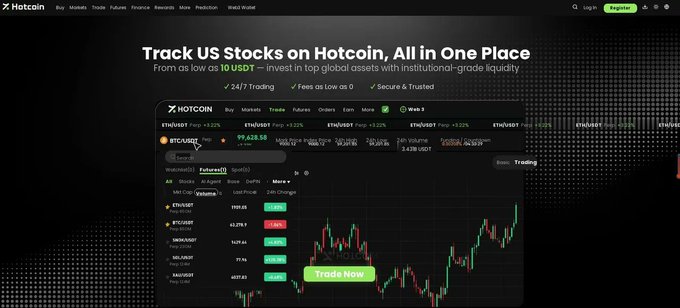 The image is a promotional screenshot of Hotcoin's trading platform highlighting their new US stock tracking feature, with the headline "Track US Stocks on Hotcoin, All in One Place" and showing the BTC/USDT trading pair at $99,628.66 with options to trade Apple, Tesla, Nvidia, and other major stocks starting from 10 USDT, directly supporting the announcement of expanded USDT-settled products for global stocks, ETFs, and commodities.