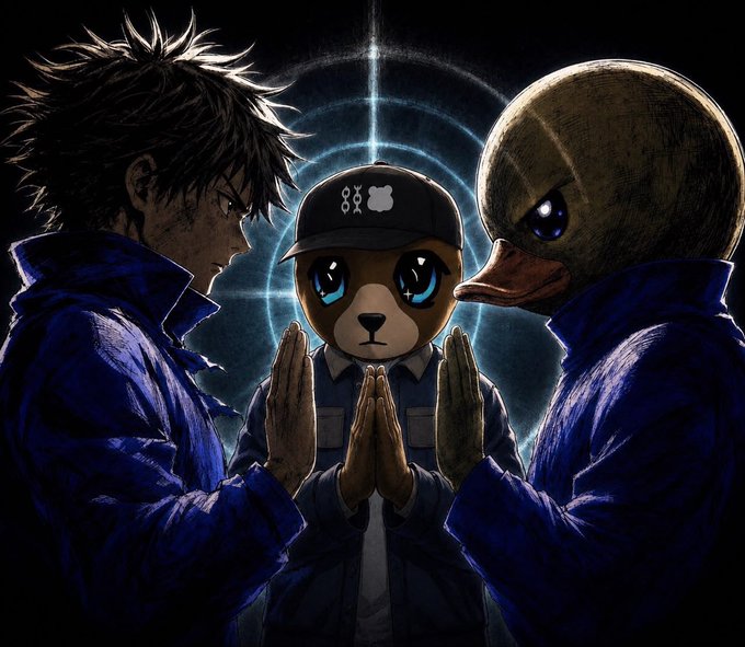 An anime-style illustration depicting three figures with animal masks—a human, a cat wearing a cap with the number '88', and a duck—all shown with their hands pressed together in a prayer-like gesture against a dark, glowing circular background.
