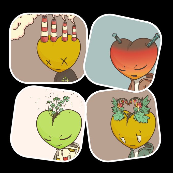 Four cartoonish heart-headed characters in rounded square frames, each colored differently with thematic tops like smokestacks, nails, clover, and leaves.