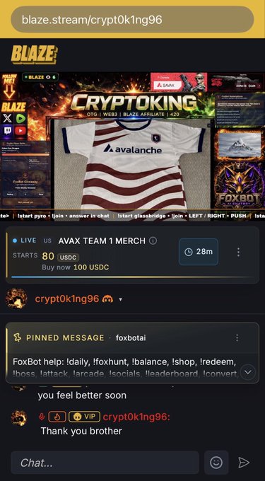 A livestream screenshot titled 'blaze.stream/crypt0k1ng96' showing a cryptocurrency betting interface for 'AVAX TEAM 1 MERCH', featuring a white and maroon jersey, with a pinned message from 'foxbotai' and viewer chat mentioning 'Thank you to you'.