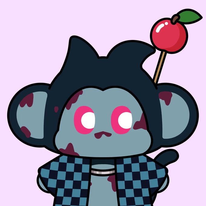 Cartoon illustration of a blue, zombie-like cat character with pink eyes and dark stains on its face and body, wearing a checkered scarf and standing next to a red apple on a stick.