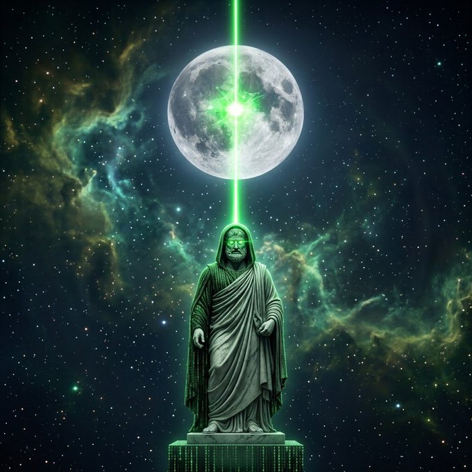 A hooded stone statue standing on a pedestal against a starry cosmic background, with a bright green laser beam connecting it to a full moon above.