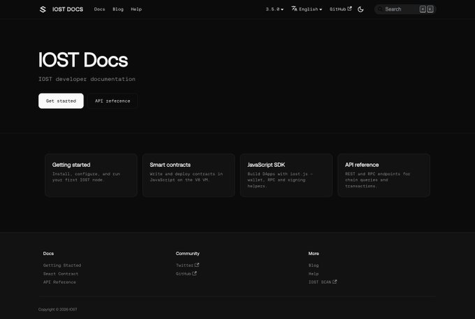 A screenshot of the IOST Docs developer documentation homepage in dark mode, featuring navigation options like 'Getting started,' 'Smart contracts,' 'JavaScript SDK,' and 'API reference.'