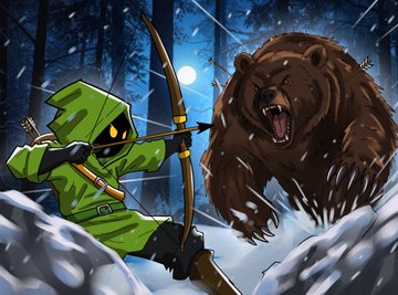 A digital illustration of a hooded archer in green robes drawing a bow, aiming at an aggressive brown bear in a snowy forest with a moonlit background.