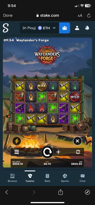 A screenshot from Stake.com shows the "Waylander's Forge" slot game in play, with a balance of $850.10 and a win of $800.85, posted by user "Thericelife" to celebrate a lucky streak on their "GOATED" slot.