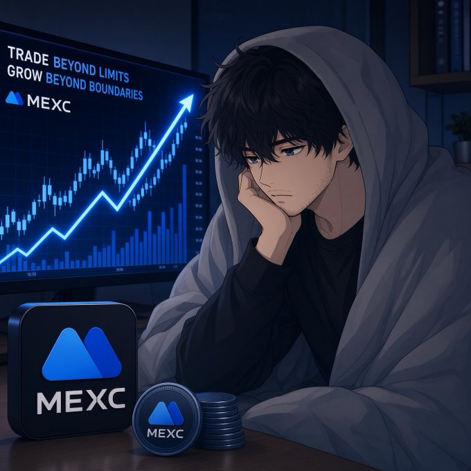 An anime-style illustration of a hooded young man resting his chin on his hand, staring at a candlestick chart labeled 'TRADE BEYOND LIMITS GROW BEYOND BOUNDARIES' with the MEXC logo, styled coins beside him.