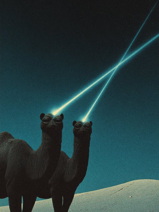 A surreal digital artwork showing two camels in a desert at night, shooting bright blue laser beams from their eyes into the sky.