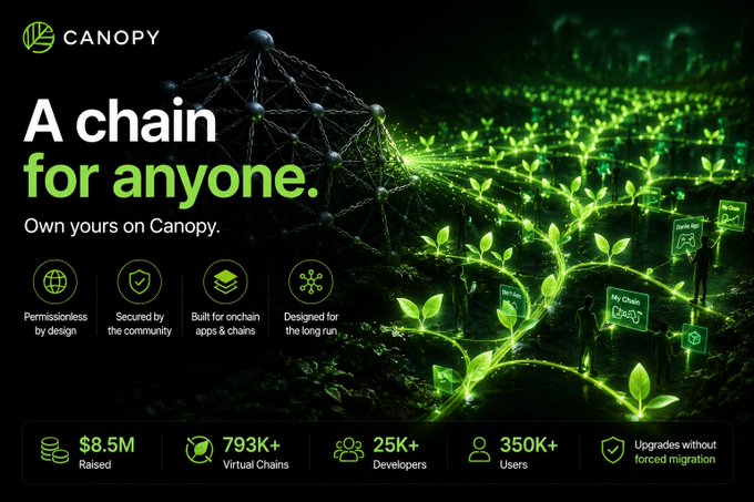 A promotional image for Canopy Network featuring the tagline "A chain for anyone. Own yours on Canopy" alongside metrics including $8.5M raised, 793K+ virtual chains, 25K+ developers, and 350K+ users, with a highlighted statistic noting "Upgrades without forced migration." The image directly supports the post's emphasis on Canopy's upgrade philosophy, visually reinforcing the message that builders won't need to start over with network updates.