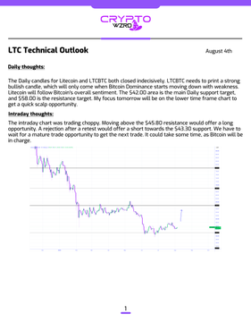 A Crypto Vibes 'LTC Technical Outlook' newsletter dated August 4th discussing Litecoin's bullish momentum, with daily and intraday analysis accompanied by a price chart.