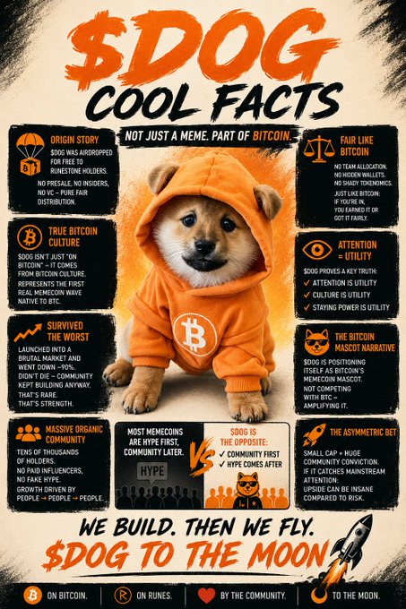An infographic titled '$DOG COOL FACTS' featuring a Shiba Inu in an orange Bitcoin hoodie, with sections on origin story, fair like Bitcoin, true Bitcoin culture, attention = utility, survived the worst, Bitcoin mascot narrative, massive organic community, most memecoins are hype first, and the asymmetric bet, ending with 'WE BUILD. THEN WE FLY. $DOG TO THE MOON.'