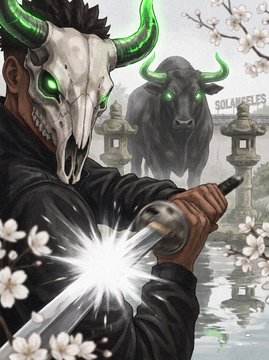 A samurai figure wearing an anime-style horned skull mask wields a glowing katana, with a ghostly horned bull and stone lanterns in the background. The text "SOLANGELES" appears on the image, tying the artwork to the collection name, fitting the "SOLANGELES x $ANSEM" artistic collaboration.