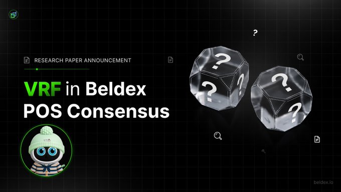 A research paper announcement graphic for Beldex featuring two translucent dice with question marks, titled "VRF in Beldex POS Consensus," paired with the project's owl mascot, illustrating the post's discussion about the predictability risks of Beldex's small 11-validator PoS quorum.