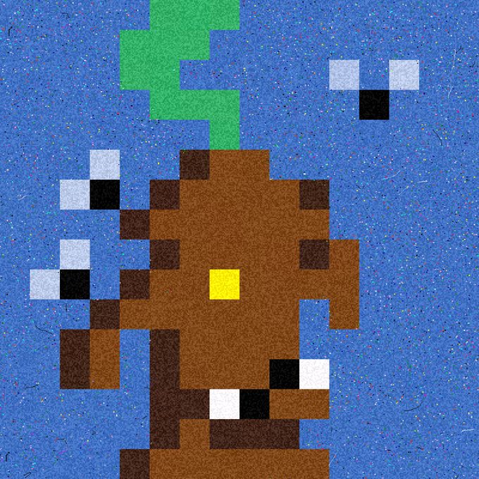 A pixel art image shows a brown, poop-shaped character with a yellow center, face features, and a green stem on top, set against a blue background. This matches the "Big Shit w/ Corn" NFT mentioned in the post from the Creep Kids collection.