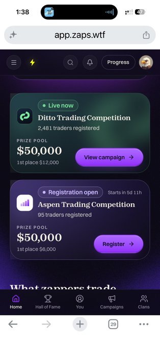 A mobile phone screenshot shows a trading app interface at app.zaps.wtf, displaying a live 'Ditto Trading Competition' with a $50,000 prize pool and a soon-to-open 'Aspen Trading Competition'.
