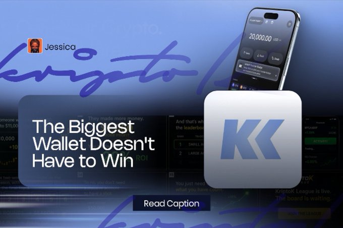 Promotional graphic featuring the KriptoK League app and a post titled 'The Biggest Wallet Doesn't Have to Win' by Jessica, with a 'Read Caption' button.