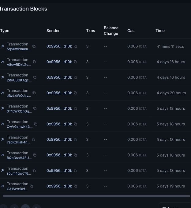 A dark-themed blockchain explorer interface displaying a list of Transaction Blocks, all sent from the address '0x9956...d10b' with a consistent gas fee of 0.006 IOTA.