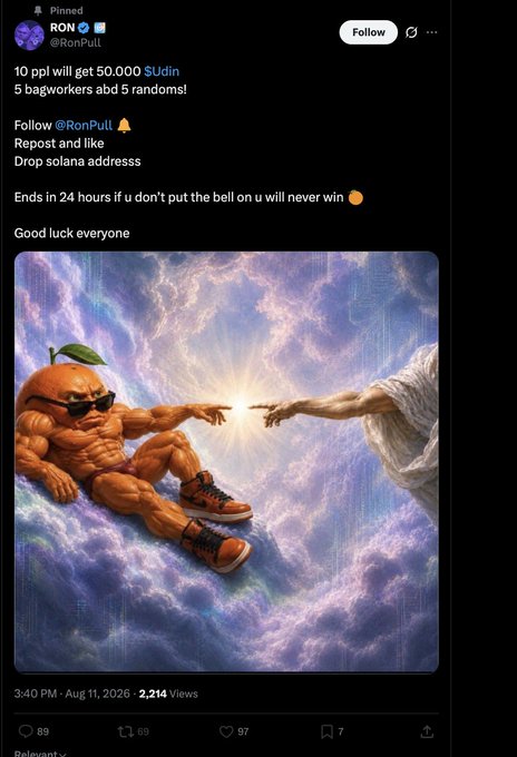 A tweet from RON (@RonPull) advertising a giveaway of '10 ppl will get 50.000 $udin, 5 bagworkers abd 5 randoms!' featuring an image of a muscular orange parodying Michelangelo's 'Creation of Adam' in the clouds.