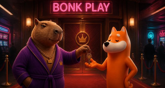 A capybara in a purple robe offers a key to a Shiba Inu outside a neon-lit casino entrance labeled "BONK PLAY." The image playfully visualizes the post's message about trust between the Bonk community and the new betmode team behind BONKplay.com.