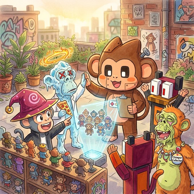 A vibrant cartoon illustration of various monkey/ape characters in an urban setting, including one in a wizard hat, a frozen blue ape, and a 'Chimper Collector' with a green face.